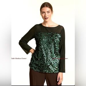 Marina Rinaldi Black Mesh Top Leaf-Like Emerald Fabric Detail Size Large